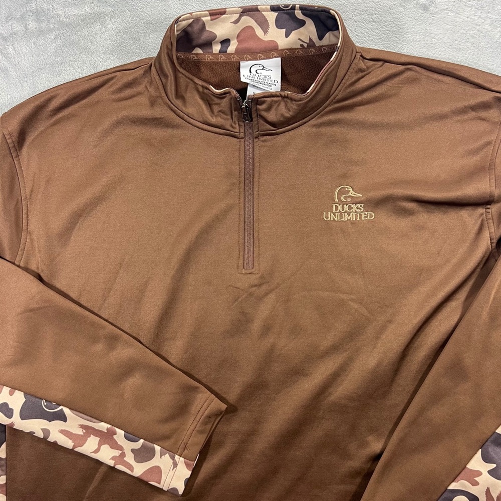 DUCKS UNLIMITED Quarter Zip Pullover Mens 3XL Brown Camo Fleece Lining Gorpcore